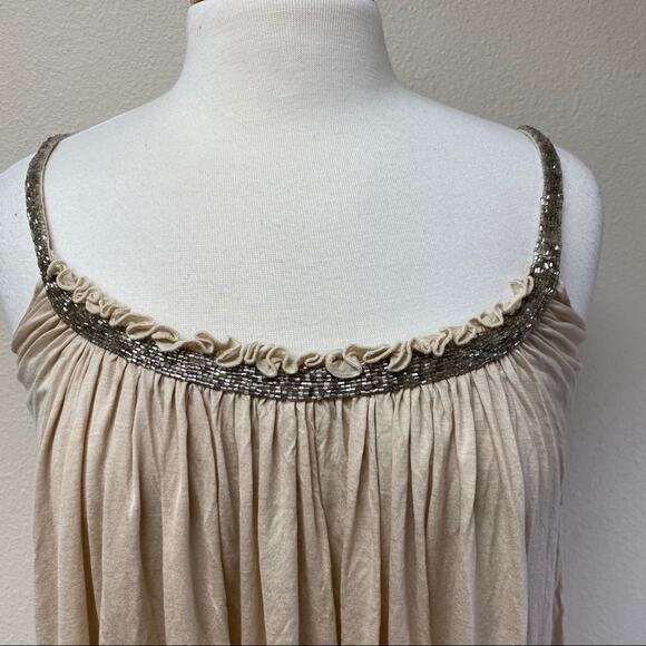 Vera Wang Beaded Flowy Pleated Dress Tan 2 - Picture 3 of 6